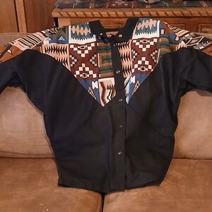 VTG David James Black Southwest Aztec Navajo Print Jacket Size Small